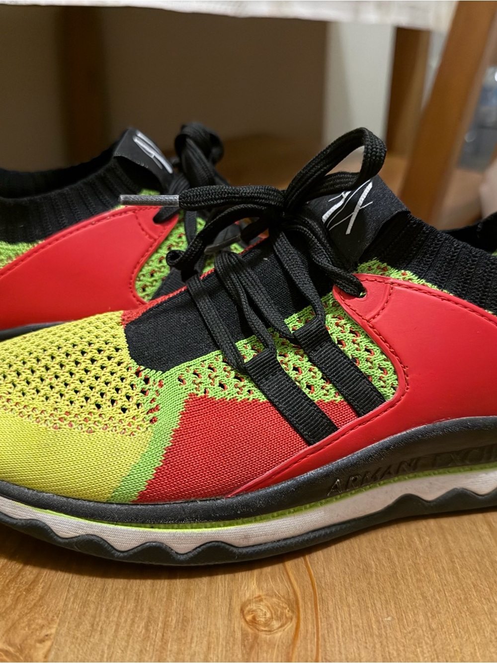 Armani Junior Neon Green and Red Knit Lace-Up Sneakers